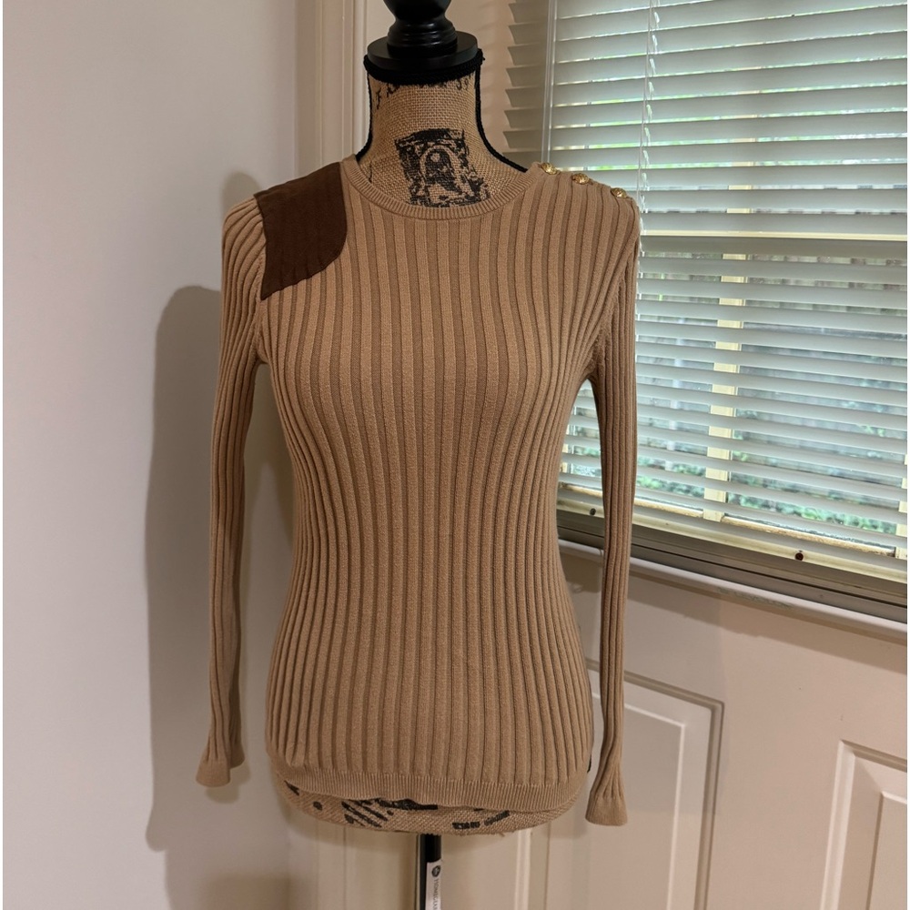 Lauren Ralph Lauren Camel Ribbed Knit Sweater with Brown Shoulder Patch